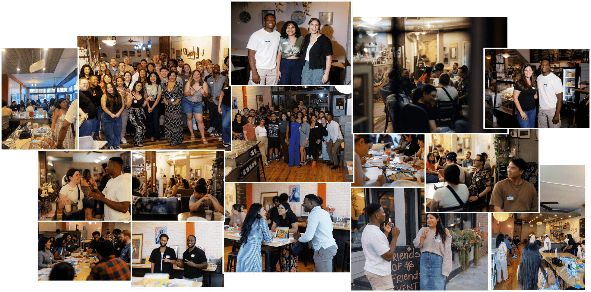 Community members gathered together at a Friends of Friends event, representing connection and belonging